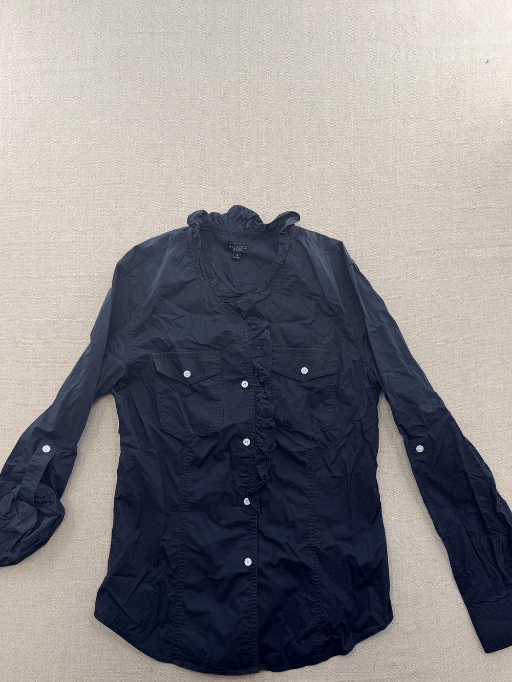 Talbots Navy Blue Women's Button Down Ruffled Top